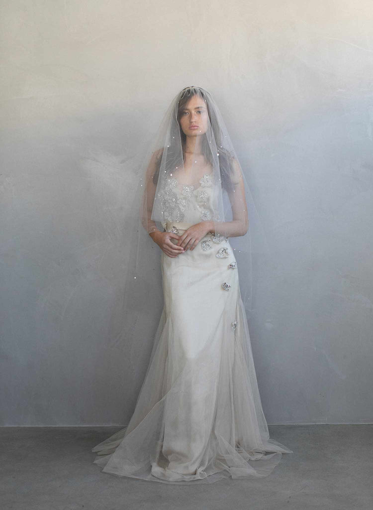 SAMKY 1T 1 Tier Stardust Rhinestone Crystal Bridal Wedding Veil Fingertip Length 36