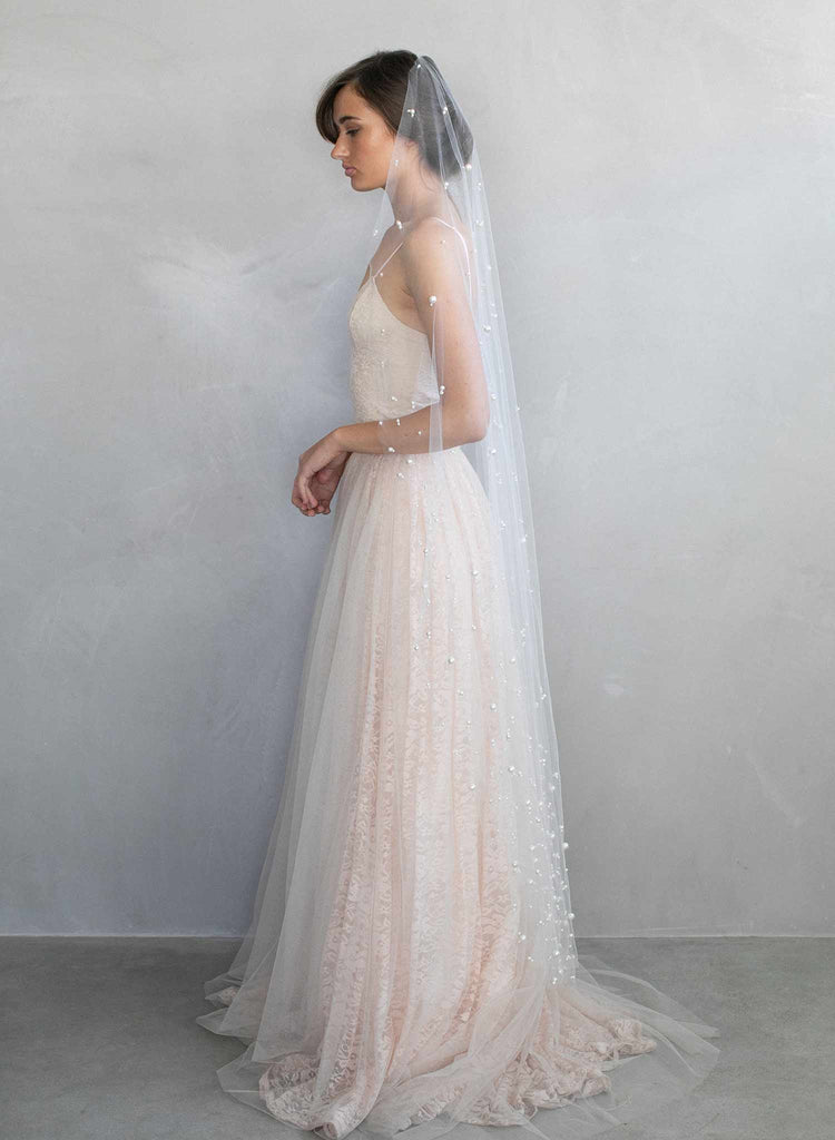 Unique Pearl Embroidered Cathedral Wedding Veil in Blush and Ivory