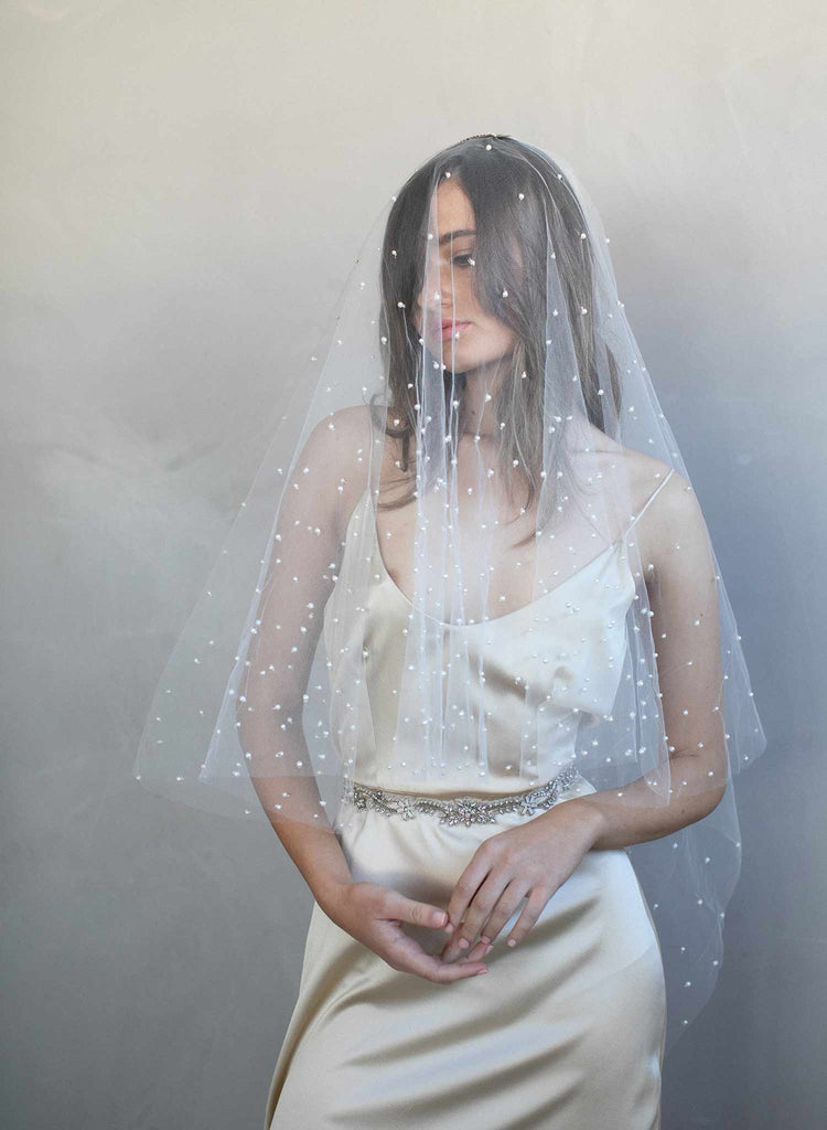 Twigs & Honey Pearl Bridal Veil, Wedding Veil - Pearl Showers Bridal Train Veil - Style #2065