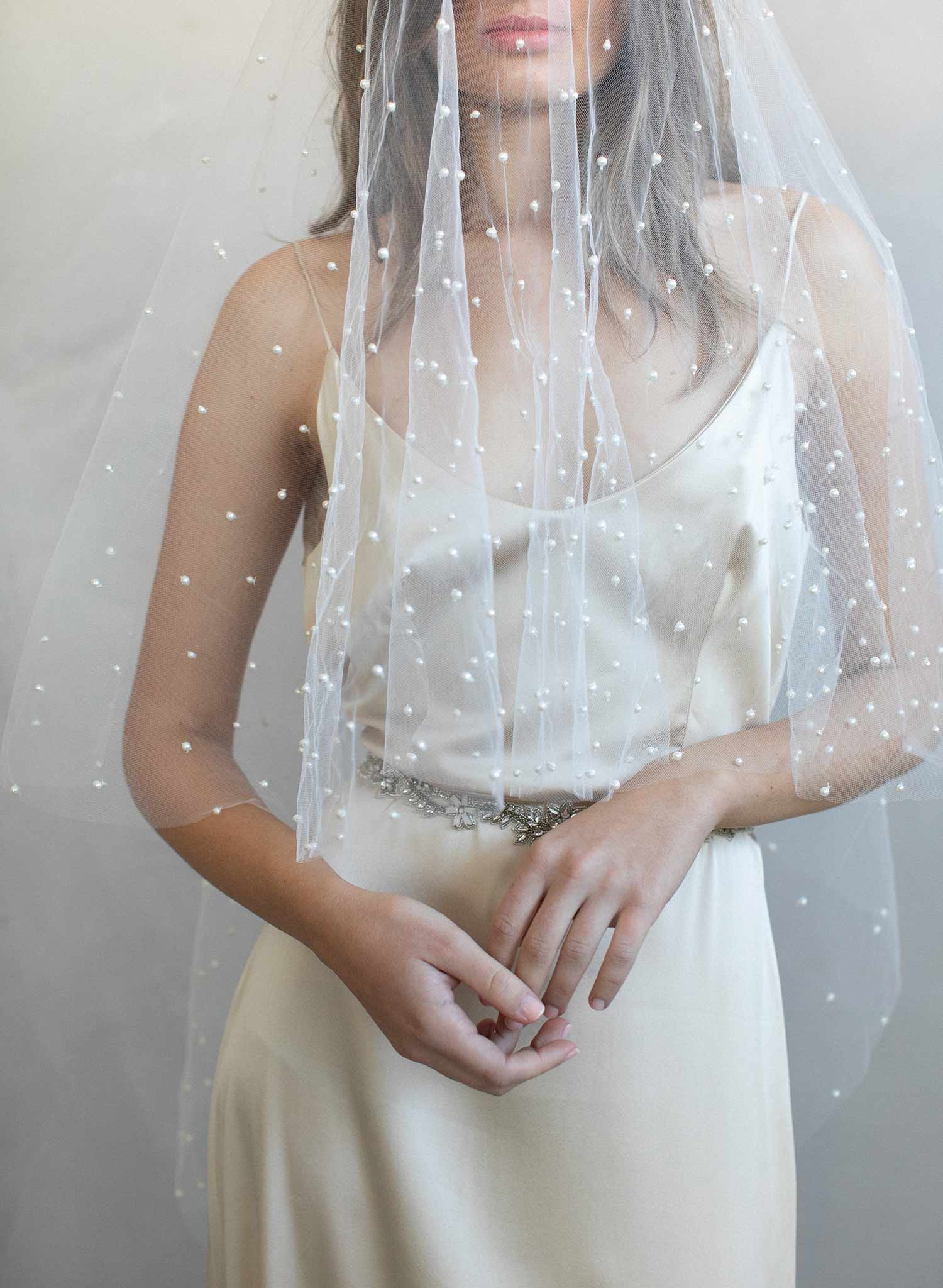 Twigs & Honey Pearl Bridal Veil, Wedding Veil - Pearl Showers Bridal Train Veil - Style #2065