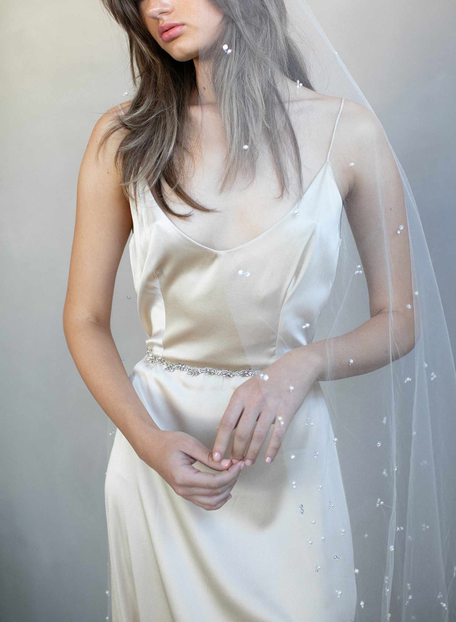 Twigs & Honey Pearl Bridal Veil, Wedding Veil - Pearl Showers Bridal Train Veil - Style #2065