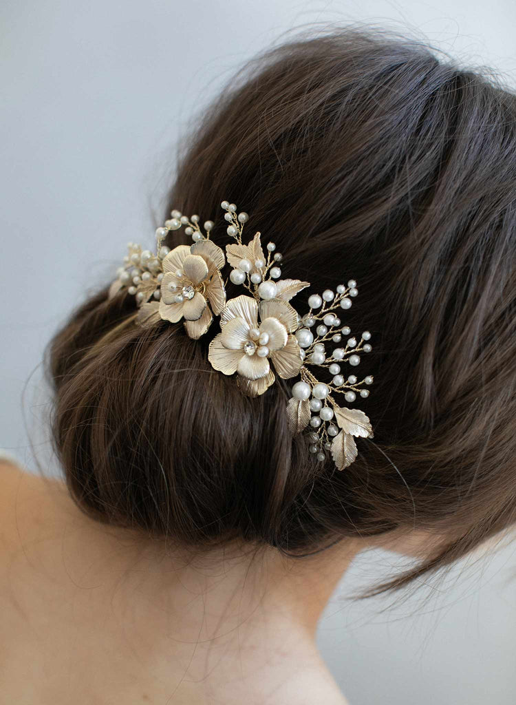 bridal floral hair comb, gold hair comb, bridal hair accessories, wedding headpiece, twigs and honey, pearls