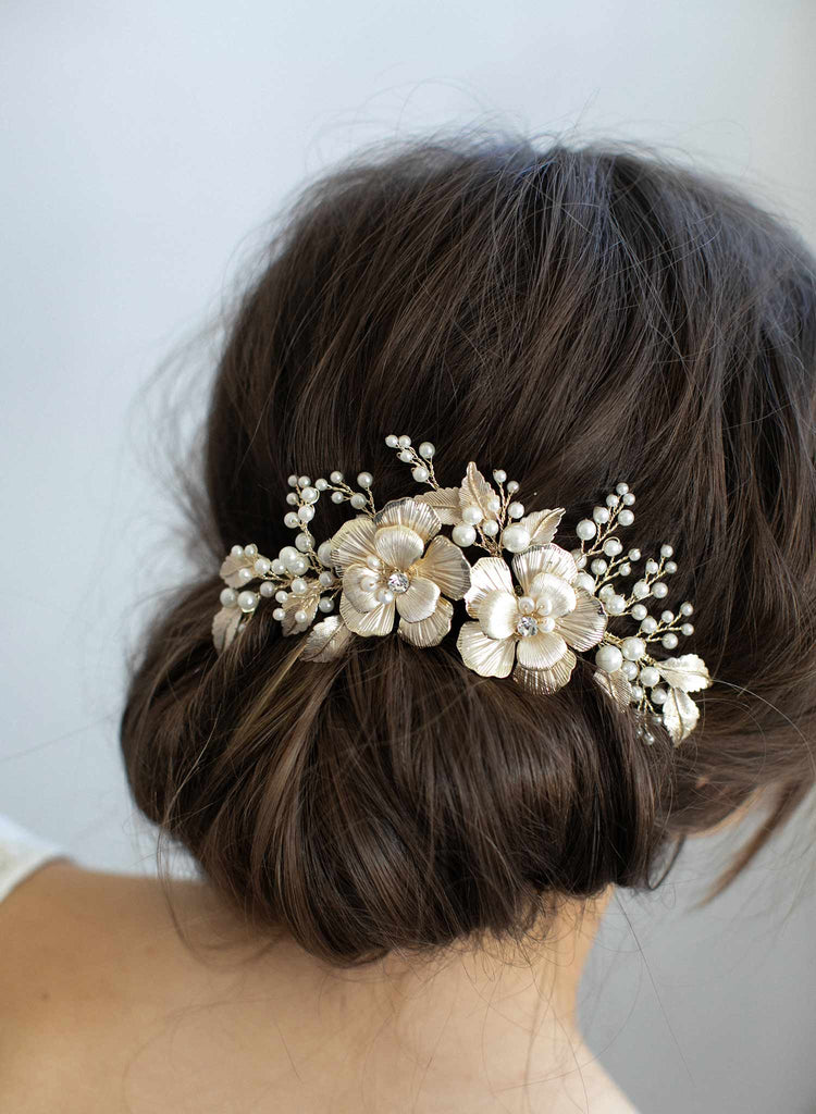 bridal floral hair comb, gold hair comb, bridal hair accessories, wedding headpiece, twigs and honey, pearls