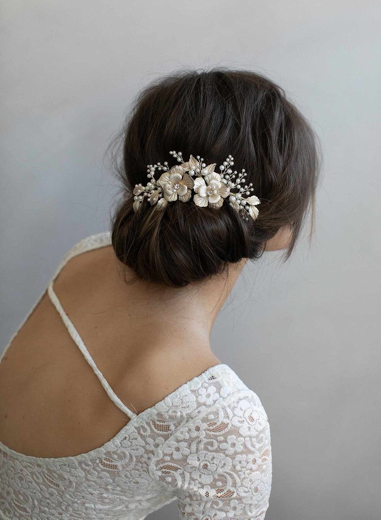 bridal floral hair comb, gold hair comb, bridal hair accessories, wedding headpiece, twigs and honey, pearls