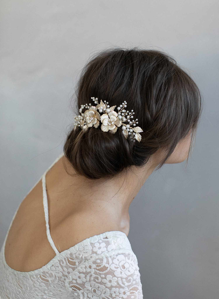 bridal floral hair comb, gold hair comb, bridal hair accessories, wedding headpiece, twigs and honey, pearls