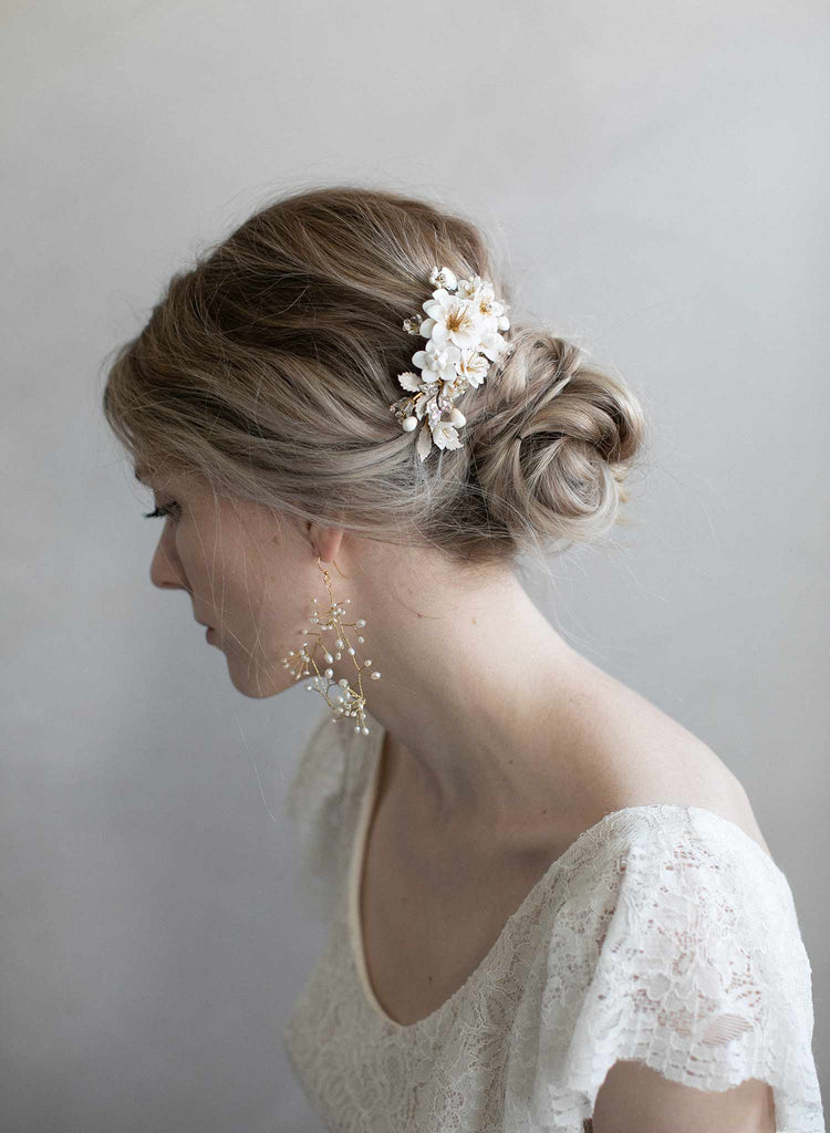 baby's breath pearl spray chandelier bridal earrings, twigs & honey