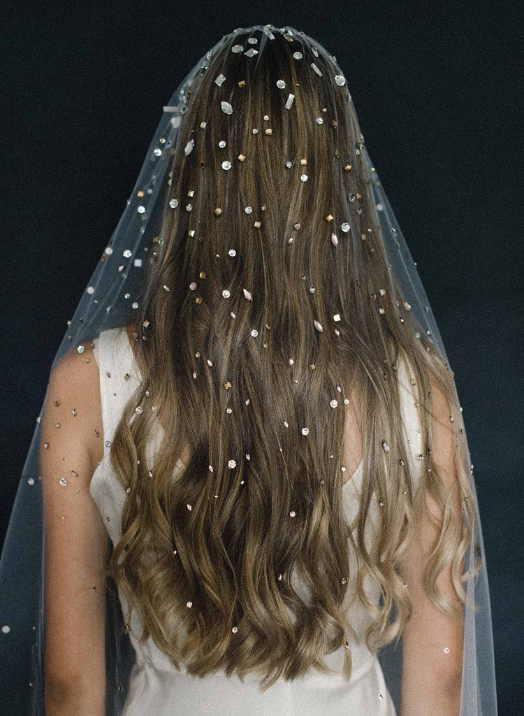 bridal train veil with crystals, wedding veil, twigs and honey, tulle