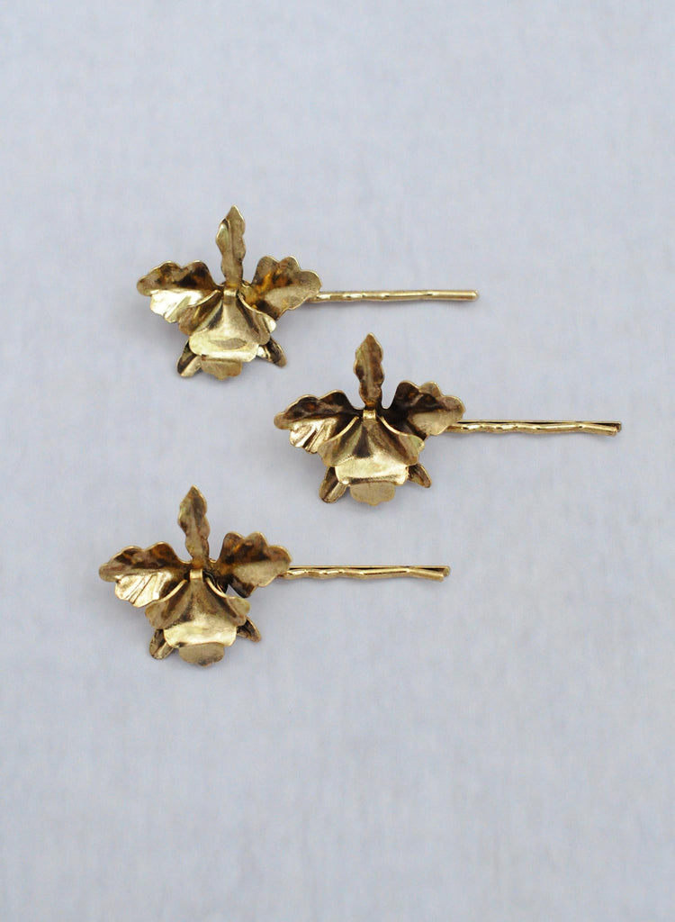 Gold plated petite orchid bobby pin set of 3 - Style #360