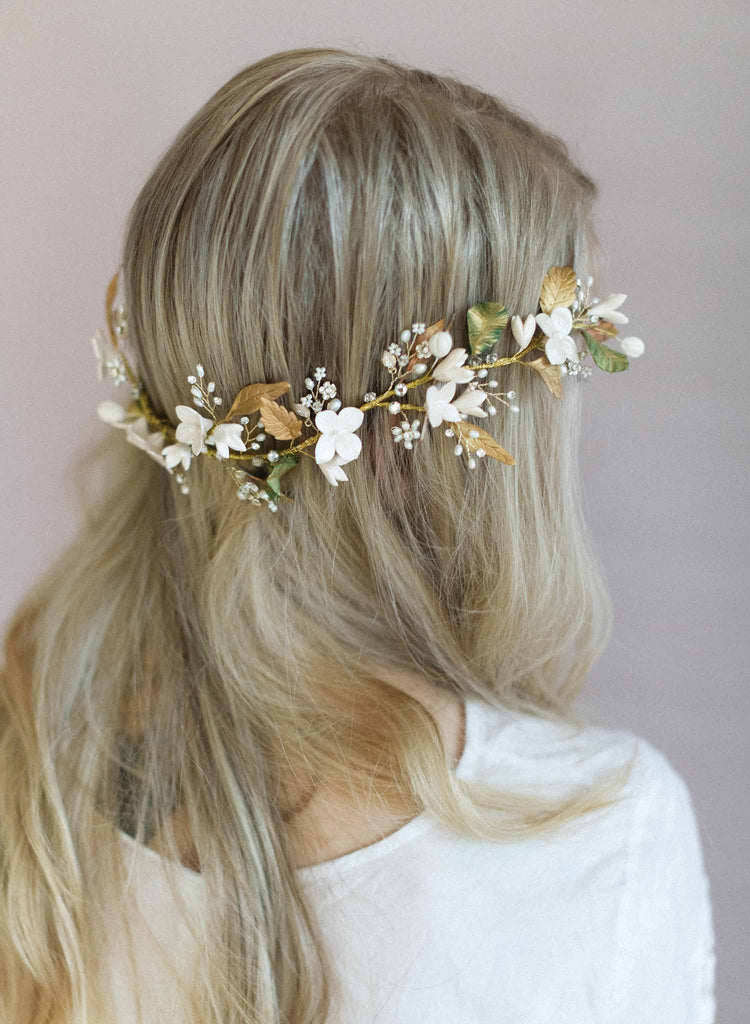 Floral bridal headpiece, clay flower headband, handmade, floral wedding hair adornment, nature inspired, twigs and honey