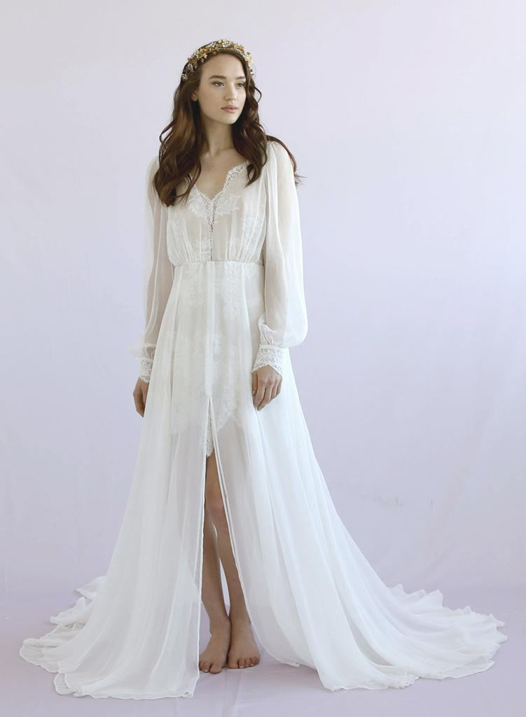LONG-SLEEVE LACE WEDDING DRESS WITH DETACHABLE OVERSKIRT | Kleinfeld Bridal