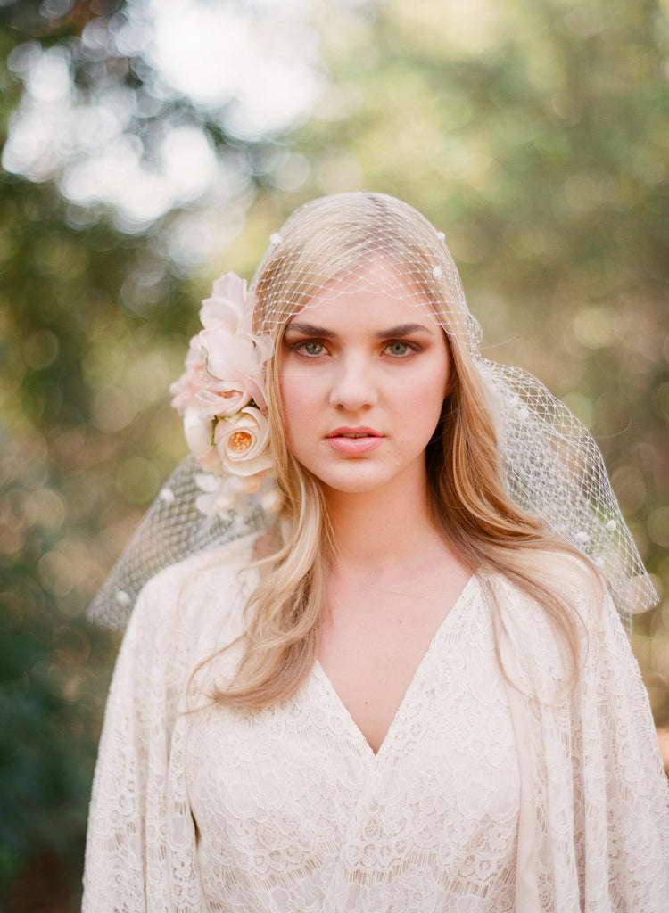 Silk flower bouquet with bandeau birdcage veil - Style # 304