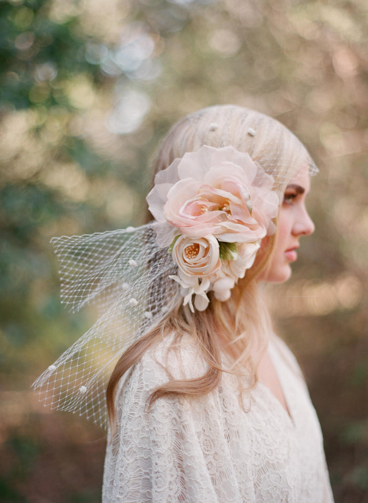 Silk flower bouquet with bandeau birdcage veil - Style # 304