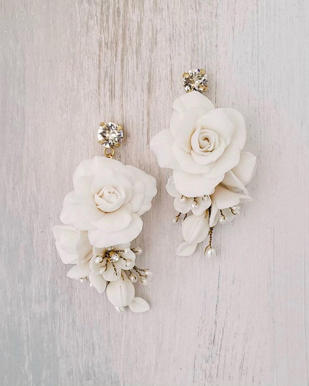 handmade clay rose and crystal bridal drop earrings by twigs & honey